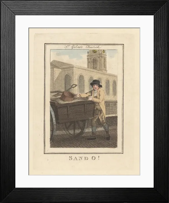 Framed Print : Sand seller in front of St Giles Church, London, 1805 Framed Print : Sand seller in front of St Giles Church, London, 1805