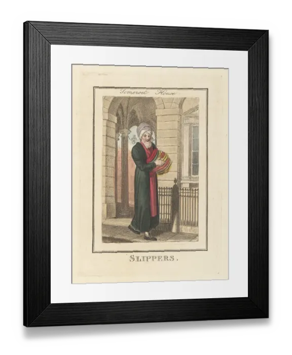 Framed Print : Turkish slipper seller in front of Somerset House, London, 1805 Framed Print : Turkish slipper seller in front of Somerset House, London, 1805