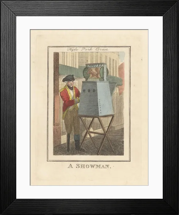 Framed Print : Street performer with his peepshow at Hyde Park Corner, London Framed Print : Street performer with his peepshow at Hyde Park Corner, London