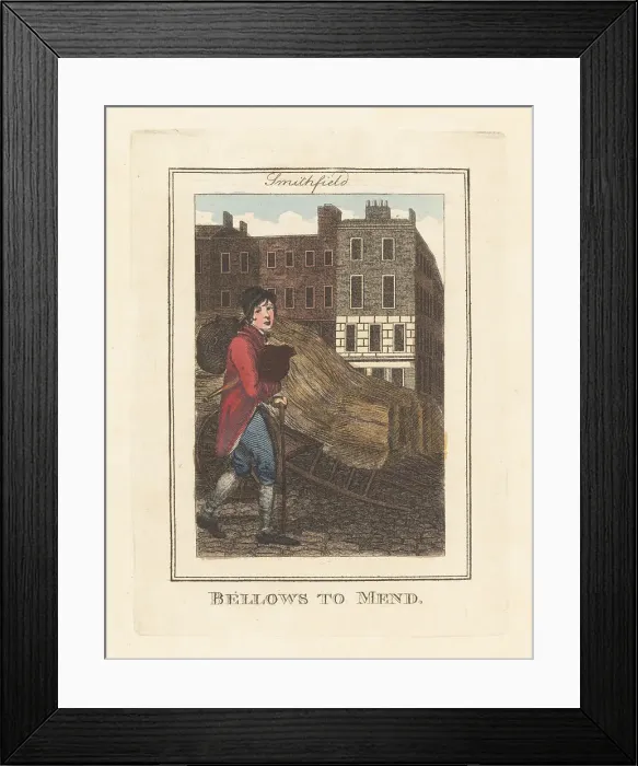Framed Print : Bellows-repairer in Smithfields Market, London, 1805 Framed Print : Bellows-repairer in Smithfields Market, London, 1805