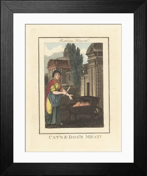 Framed Print : Woman selling pet food in front of Bethlem Hospital, London, 180