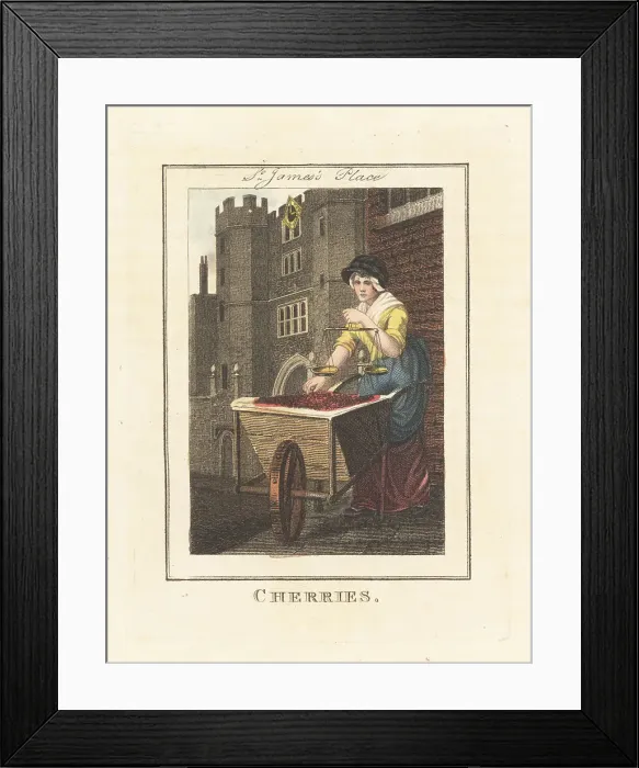 Framed Print : Cherry seller in front of St. James's Place, London, June, 1805 Framed Print : Cherry seller in front of St. James's Place, London, June, 1805