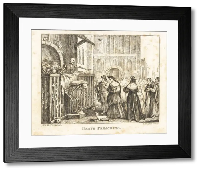 Framed Print : The skeleton of Death preaching to a crowd Framed Print : The skeleton of Death preaching to a crowd