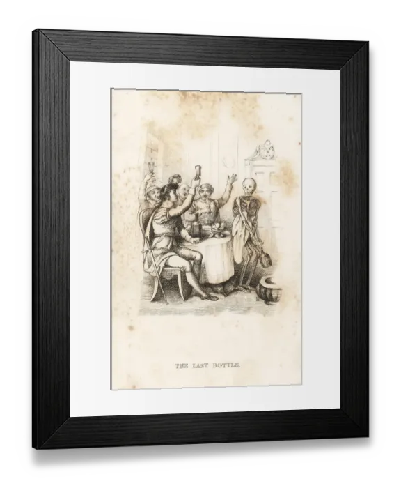 Framed Print : The skeleton of Death brings the last bottle of wine to a drinke Framed Print : The skeleton of Death brings the last bottle of wine to a drinke