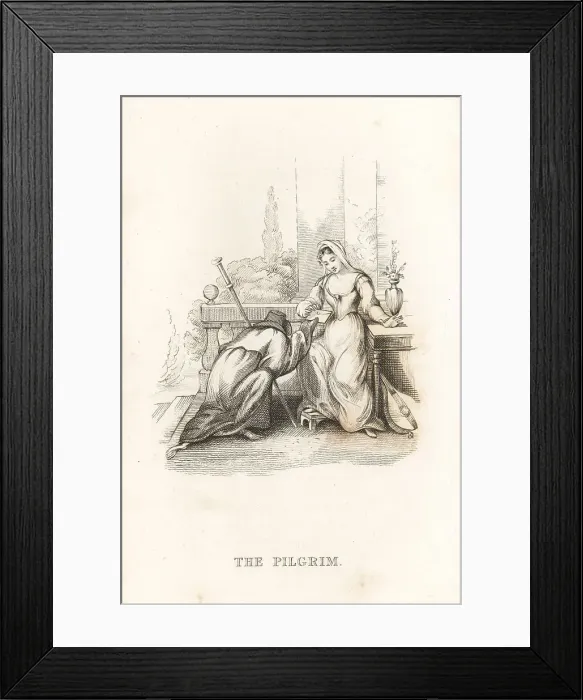 Framed Print : The pilgrim handed a letter by the skeleton of Death Framed Print : The pilgrim handed a letter by the skeleton of Death