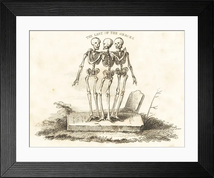 Framed Print : Vignette of three skeletons on a gravestone Framed Print : Vignette of three skeletons on a gravestone