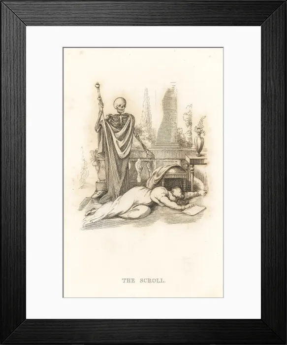 Framed Print : The skeleton of Death brings a scroll to a woman on a terrace Framed Print : The skeleton of Death brings a scroll to a woman on a terrace