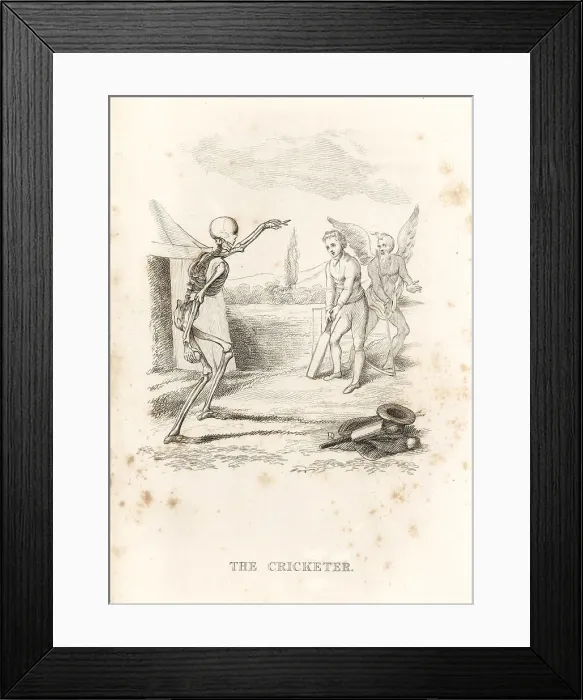 Framed Print : The skeleton of Death bowls a ball at a cricketer at bat Framed Print : The skeleton of Death bowls a ball at a cricketer at bat