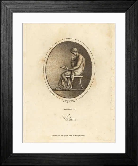 Framed Print : Figure of Clio, Muse of History, seated in a chair, reading a sc Framed Print : Figure of Clio, Muse of History, seated in a chair, reading a sc