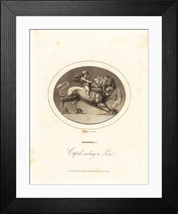 Framed Print : Cupid, with whip and bridle, mounted on a lion Framed Print : Cupid, with whip and bridle, mounted on a lion