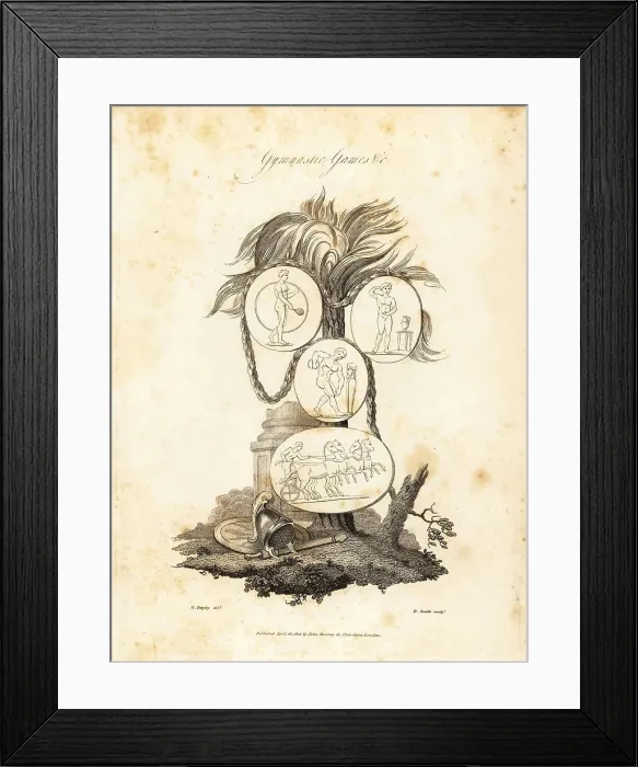 Framed Print : Ancient games - horse racing, quoit throwing, wrestling, etc Framed Print : Ancient games - horse racing, quoit throwing, wrestling, etc
