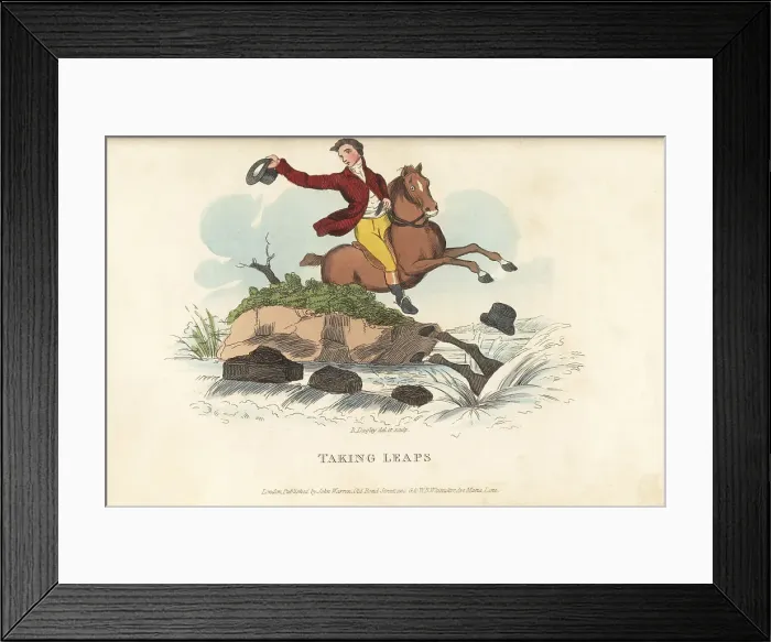 Framed Print : English gentleman Tom Takeall riding by a river Framed Print : English gentleman Tom Takeall riding by a river