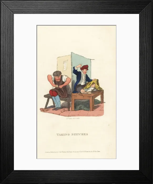 Framed Print : Two botchers repairing clothes, London, Regency era Framed Print : Two botchers repairing clothes, London, Regency era