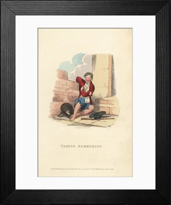 Framed Print : Beggar with dog sitting on some stairs, London, Regency era Framed Print : Beggar with dog sitting on some stairs, London, Regency era