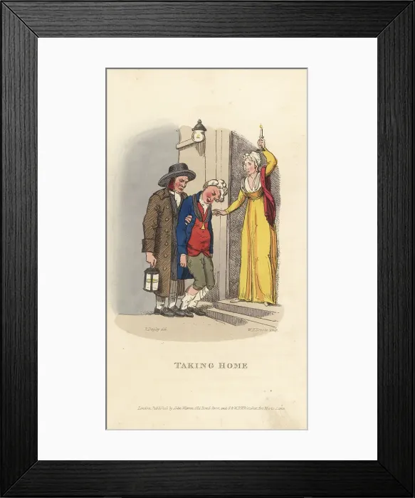 Framed Print : A nightwatchman brings a drunk home, Regency era Framed Print : A nightwatchman brings a drunk home, Regency era