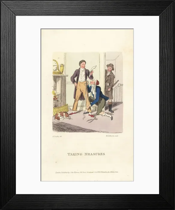 Framed Print : English gentleman being measured by a tailor, Regency era Framed Print : English gentleman being measured by a tailor, Regency era