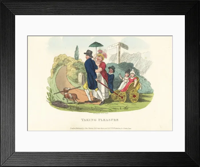 Framed Print : A family drawing their children in a toy coach, Regency era Framed Print : A family drawing their children in a toy coach, Regency era