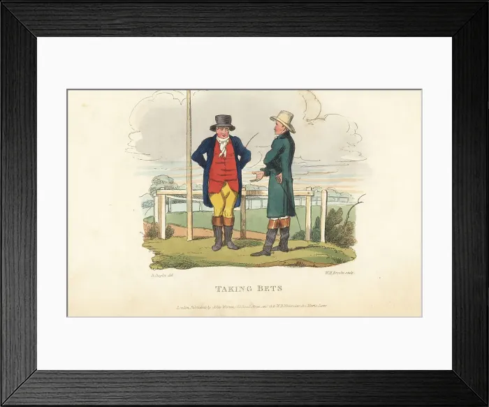 Framed Print : English gentleman placing a bet at Newmarket, Regency era