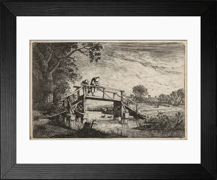 Framed Print : Peasant with fishing rod on a wooden bridge over a stream Framed Print : Peasant with fishing rod on a wooden bridge over a stream