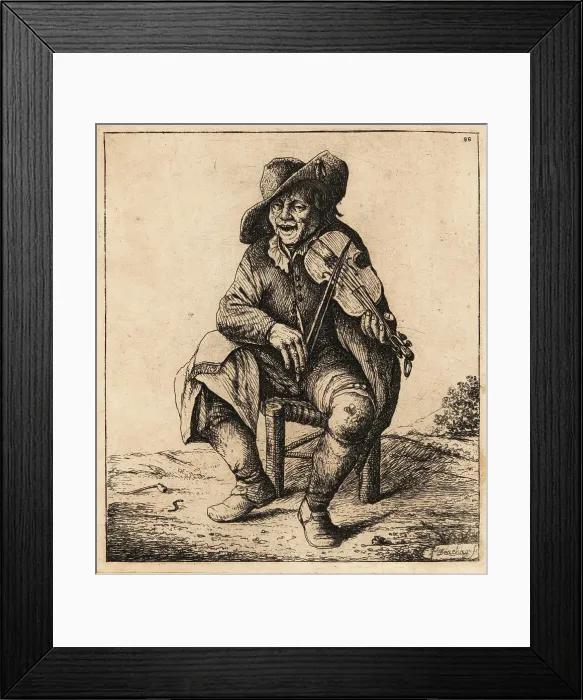 Framed Print : 17th century fiddler in cap, coat and boots seated on a chair. T Framed Print : 17th century fiddler in cap, coat and boots seated on a chair. T