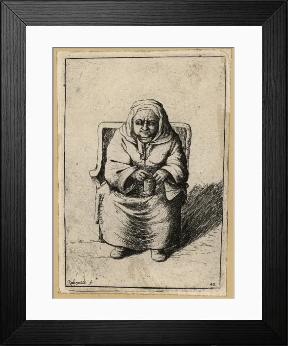 Framed Print : Old woman sitting in a chair knitting, 17th century Framed Print : Old woman sitting in a chair knitting, 17th century