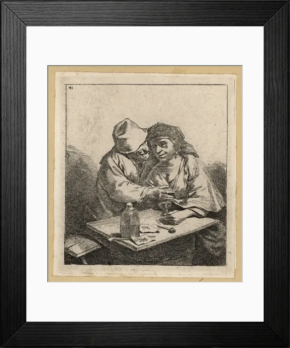 Framed Print : Two peasant lovers embracing at a tavern table, 17th century Framed Print : Two peasant lovers embracing at a tavern table, 17th century