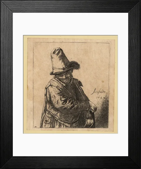 Framed Print : 17th century Dutch hurdy-gurdy man in tall cap and cape Framed Print : 17th century Dutch hurdy-gurdy man in tall cap and cape