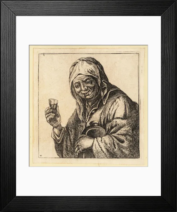Framed Print : Old woman holding a glass and jug, 17th century Framed Print : Old woman holding a glass and jug, 17th century