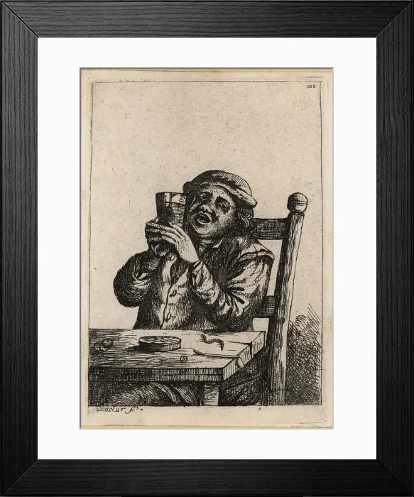 Framed Print : 17th century Dutch peasant man seated, holding a glass Framed Print : 17th century Dutch peasant man seated, holding a glass