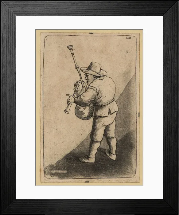 Framed Print : Musician with bagpipes wearing a hat, jacket and breeches, 18th Framed Print : Musician with bagpipes wearing a hat, jacket and breeches, 18th