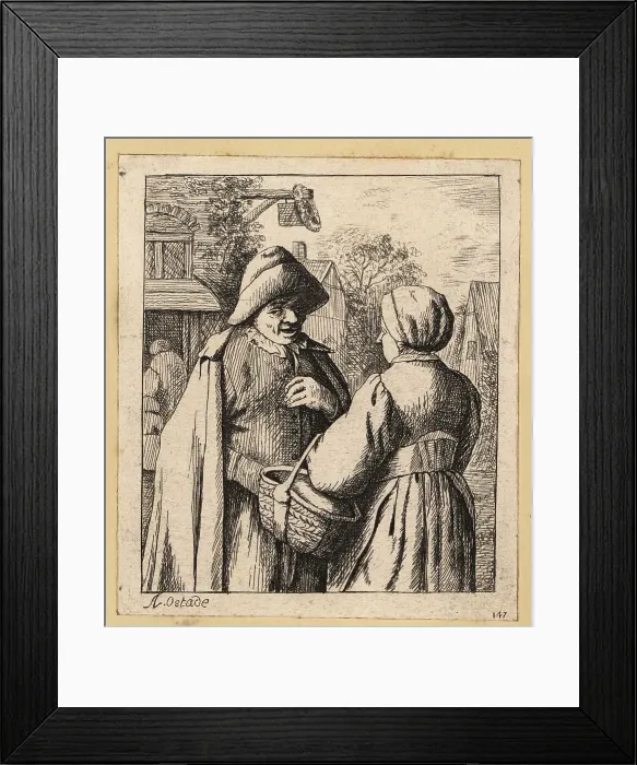 Framed Print : 17th century Dutch man and woman talking in a village street Framed Print : 17th century Dutch man and woman talking in a village street