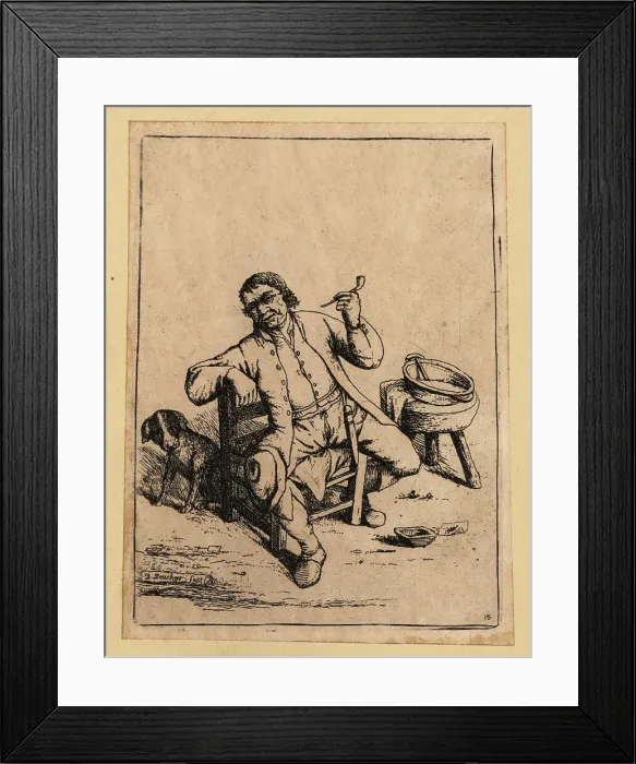 Framed Print : 17th century man smoking a tobacco pipe with his dog Framed Print : 17th century man smoking a tobacco pipe with his dog