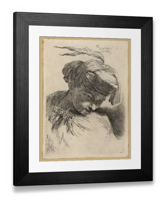 Framed Print : Bust of a young man looking down, clean shaven, wearing a plumed Framed Print : Bust of a young man looking down, clean shaven, wearing a plumed