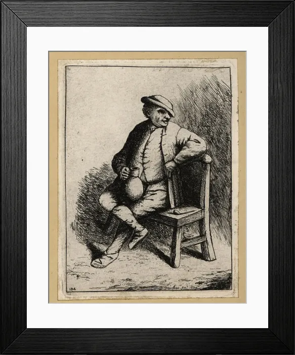 Framed Print : Man in a cap, seated on a wooden chair, holding a jug of ale Framed Print : Man in a cap, seated on a wooden chair, holding a jug of ale