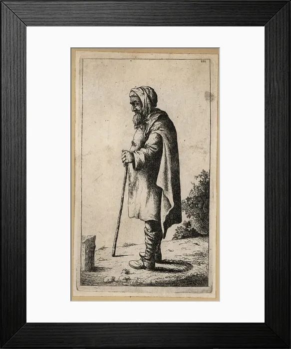 Framed Print : Old man in a hooded cape leaning on a stick, 17th century Framed Print : Old man in a hooded cape leaning on a stick, 17th century