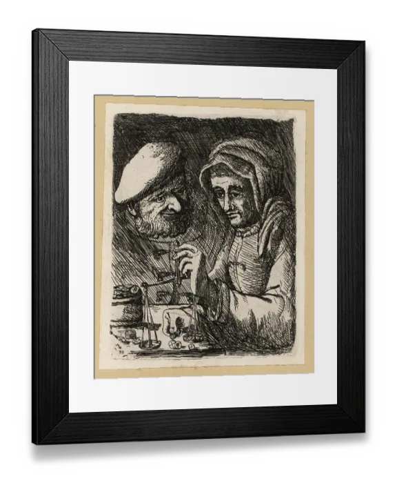 Framed Print : Woman in veil with balance scales, watched by a bearded man, Sco Framed Print : Woman in veil with balance scales, watched by a bearded man, Sco