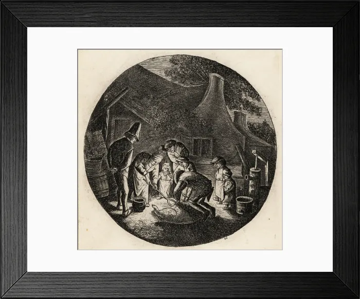 Framed Print : Dutch peasants butchering a pig by candlelight, 17th century Framed Print : Dutch peasants butchering a pig by candlelight, 17th century