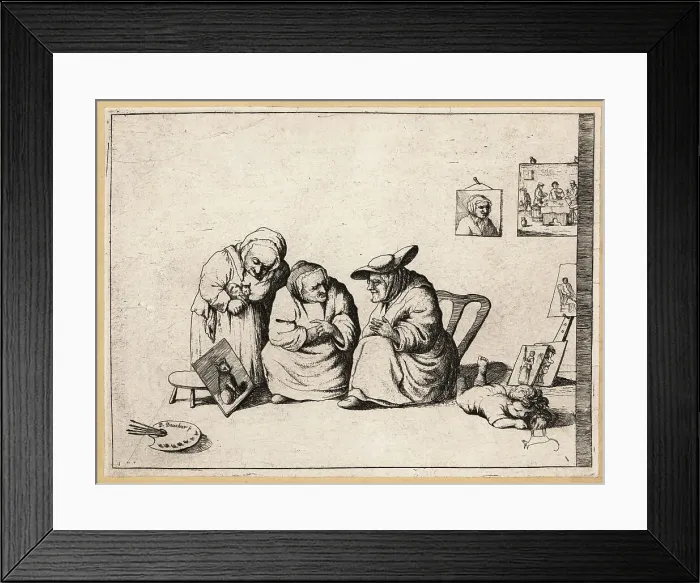 Framed Print : Three old women looking at a painting of a cat, 17th century Framed Print : Three old women looking at a painting of a cat, 17th century