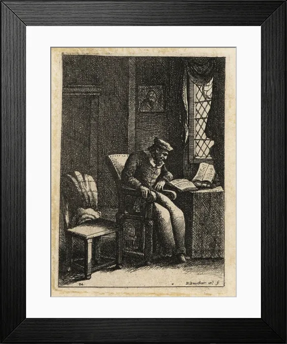 Framed Print : 17th century bearded man with cap seated in a chair, reading und Framed Print : 17th century bearded man with cap seated in a chair, reading und