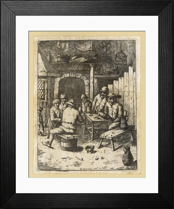 Framed Print : 17th century peasants drinking ale and smoking pipes in a tavern Framed Print : 17th century peasants drinking ale and smoking pipes in a tavern