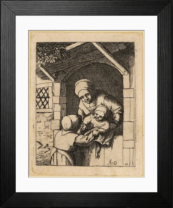 Framed Print : Dutch mother and small children at house gate, 17th century Framed Print : Dutch mother and small children at house gate, 17th century