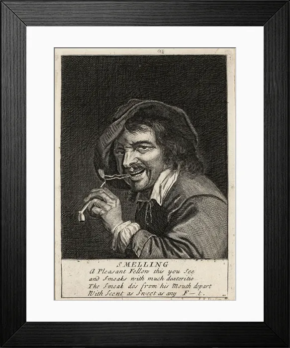 Framed Print : 17th century English man blowing out smoke after inhaling from a Framed Print : 17th century English man blowing out smoke after inhaling from a