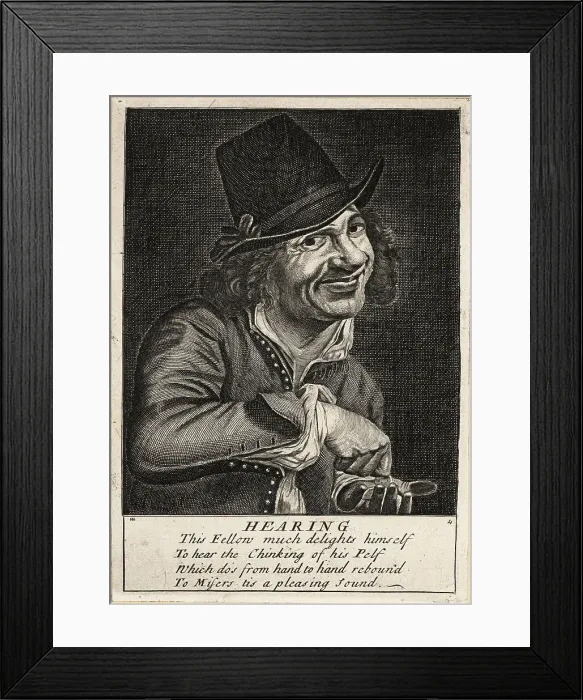 Framed Print : 17th century English man smiling as he hears coins chinking Framed Print : 17th century English man smiling as he hears coins chinking
