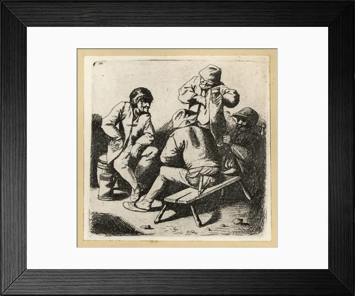 Framed Print : Group of men drinking and smoking, seated on bench and barrel, 1 Framed Print : Group of men drinking and smoking, seated on bench and barrel, 1