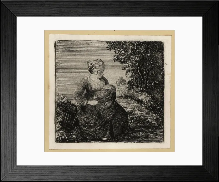 Framed Print : 17th century peasant woman breastfeeding a baby near a tree Framed Print : 17th century peasant woman breastfeeding a baby near a tree