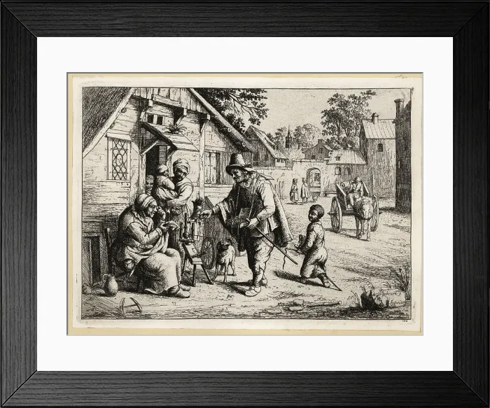 Framed Print : 17th century Dutch spectacles seller offering his wares to a wom Framed Print : 17th century Dutch spectacles seller offering his wares to a wom
