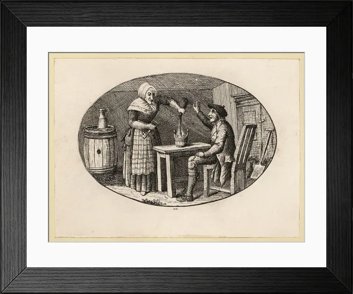 Framed Print : Scottish woman pouring a bottle of ale into a bucket for a man Framed Print : Scottish woman pouring a bottle of ale into a bucket for a man