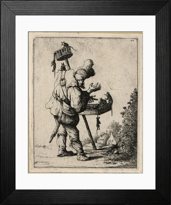 Framed Print : 17th century Dutch itinerant rat-catcher with tray and rat trap