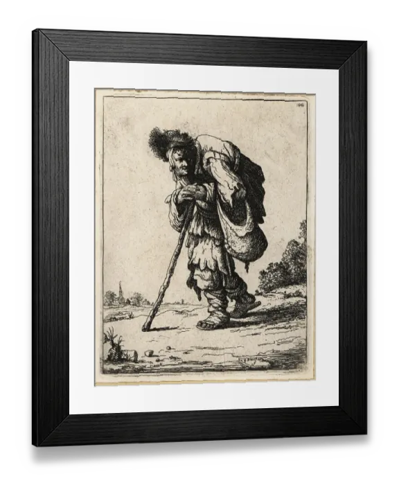 Framed Print : 17th century Dutch disabled beggar in rags, with staff and bag Framed Print : 17th century Dutch disabled beggar in rags, with staff and bag