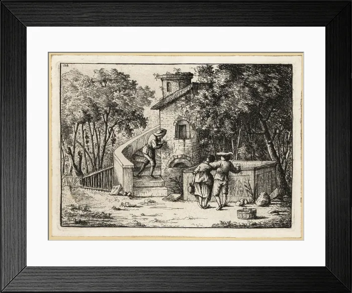 Framed Print : Man writing graffiti on a tower wall from a staircase, 17th cent Framed Print : Man writing graffiti on a tower wall from a staircase, 17th cent